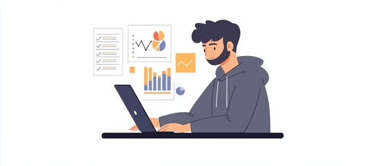 Man working on laptop, analyzing charts and data.