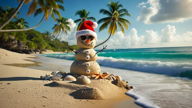 Tropical Beach Sandman with Santa Hat and Sunglasses Sitting by the Ocean with Palm Trees and Blue Sky in Background

