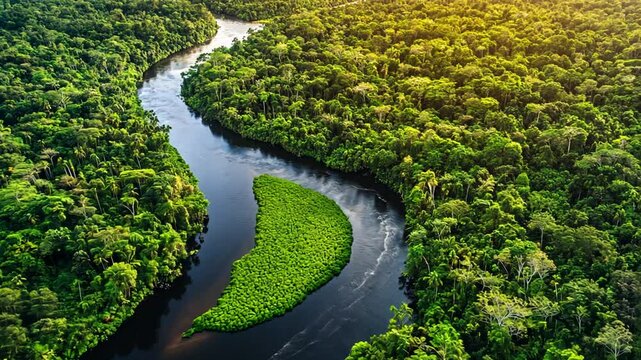 Aerial view of lush amazon rainforest and river wildlife sanctuary