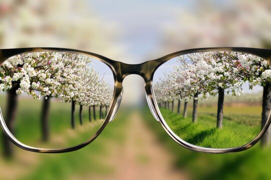 Clear Vision Through Glasses with Blooming Orchard on Spring Day