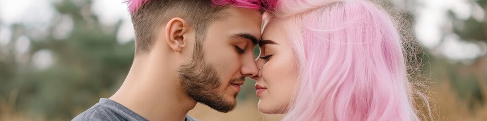 A man and a woman are kissing each other. The woman has pink hair. The man is wearing a black shirt