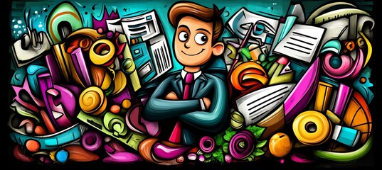 Obraz premium Happy businessman amidst colorful office supplies and documents in doodle style.