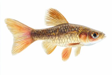 Fototapeta premium Detailed illustration of a small, golden-orange fish with distinctive fins and scales against a white background.
