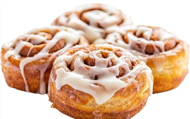 Freshly baked cinnamon rolls with cream cheese icing isolated on white