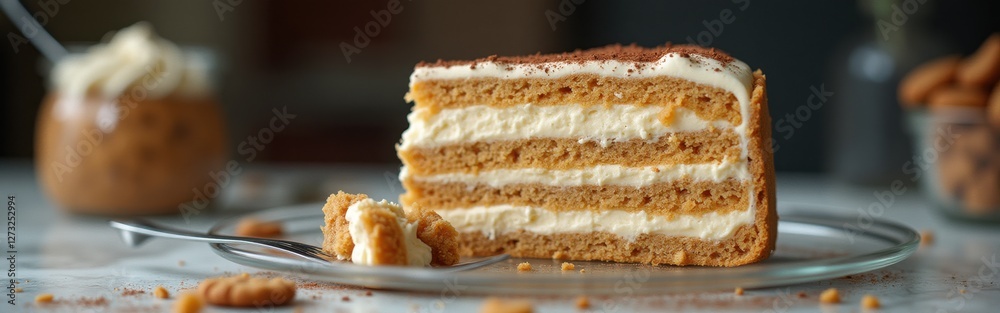 Poster Meticulously layered cake with creamy filling displayed on a plate in a cozy kitchen setting