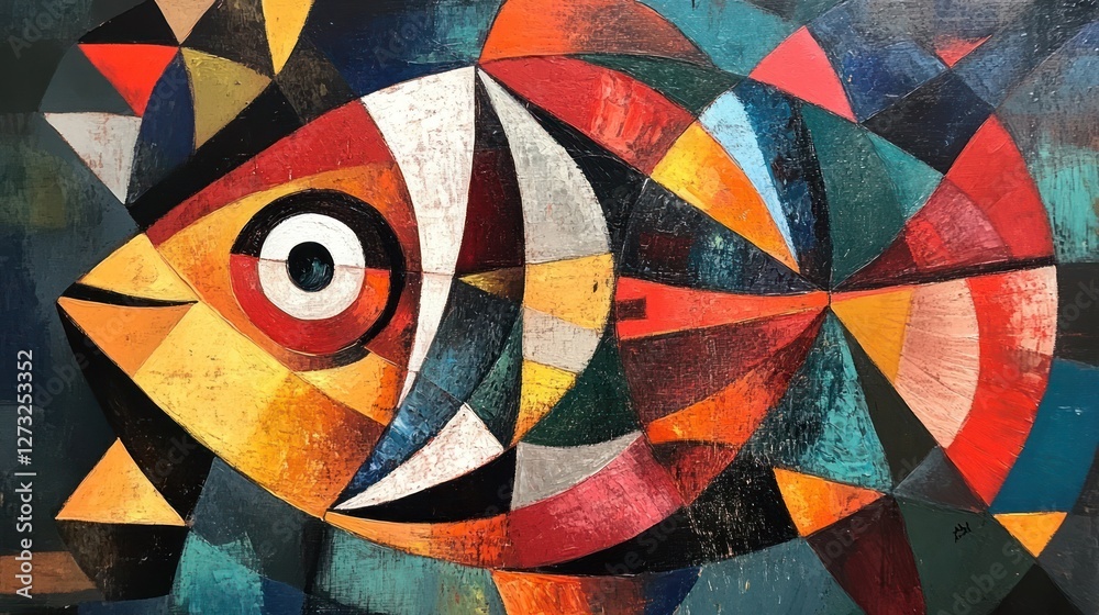 Poster abstract painting of a fish constructed with geometric shapes