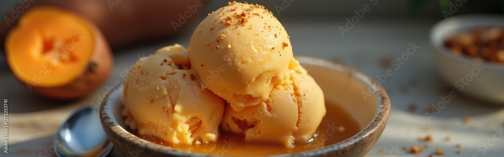 Poster delicious scoop of sweet potato ice cream topped with crushed nuts in a rustic bowl on a wooden tabl