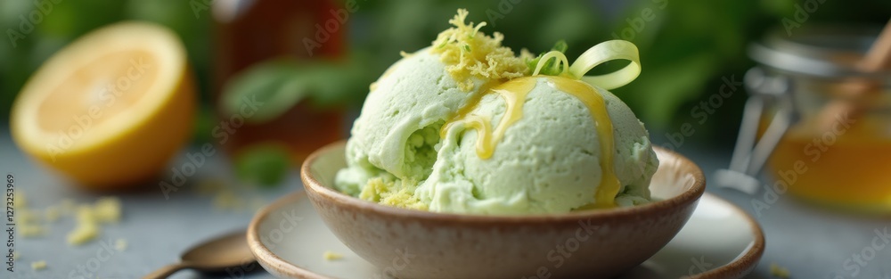 Aufkleber Celery ice served in an elegant bowl with lemon zest and a drizzle of honey on a rustic table