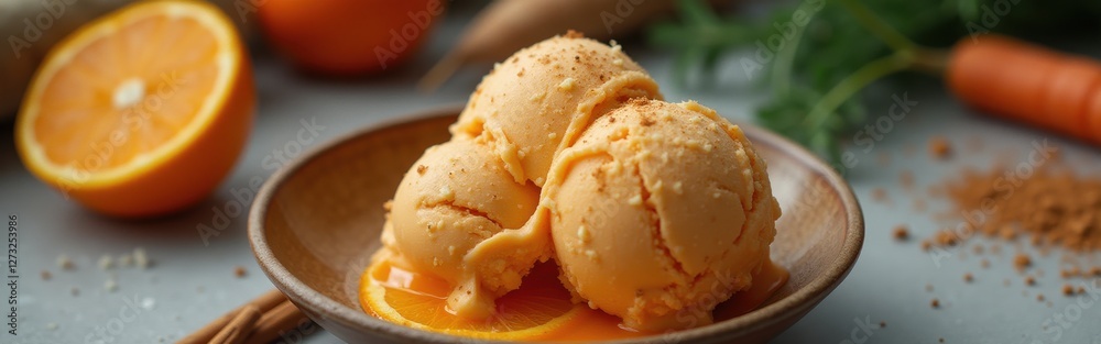Poster delightful scoop of carrot ice served in a bowl with fresh orange slices and garnished with spices