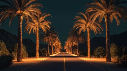 Night road lined with palm trees, desert mountains background; travel, tourism
