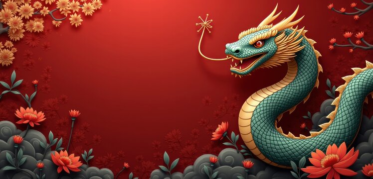 Vibrant dragon illustration with floral accents, perfect for celebrating cultural events or enhancing visual branding in the Asian art and business sectors. - Powered by Adobe