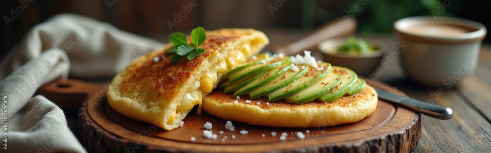 Poster deliciously plated colombian arepa with cheese and avocado, served in a rustic cafe setting