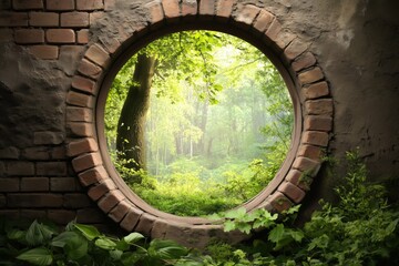 Obraz premium Brick round window overlooking lush green forest. Nature, tranquility, and escape