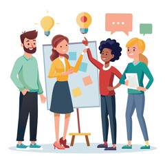Fototapeta premium Business Workshop Concept. Vector cartoon illustration of a close-up group of diverse people standing near a board with sticky notes and discussing an idea. Isolated 