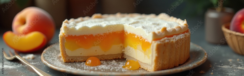 Poster deliciously layered pie showcasing vibrant fruit fillings with a flaky crust in an inviting kitchen 