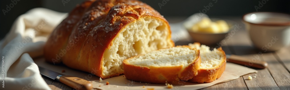Aufkleber Hand shaped brioche with golden crust and soft crumb displayed on a rustic wooden table at a cozy bakery