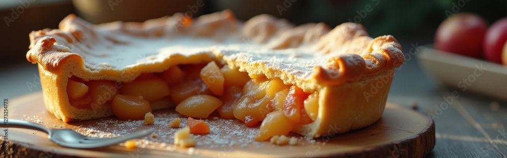 Poster perfectly baked pie with golden crust and fruit filling displayed on rustic wooden table
