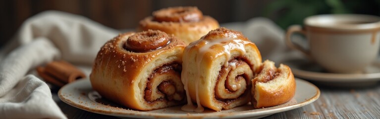 Delicious cinnamon rolls displayed on a rustic wooden table with a warm cup of coffee nearby