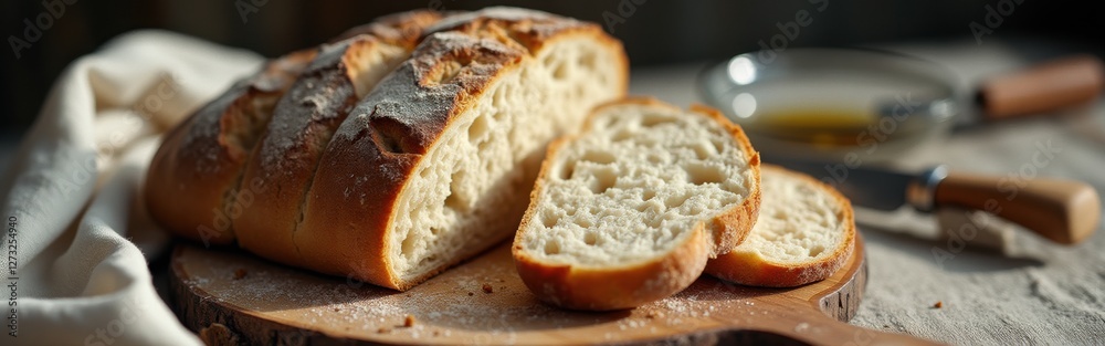 Poster homemade ciabatta bread showcasing a crusty exterior and soft crumb sliced for serving