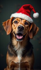 Adorable beagle wearing a Santa hat, exuding festive cheer and warmth. Perfect for holiday promotions, pet care, and seasonal marketing.