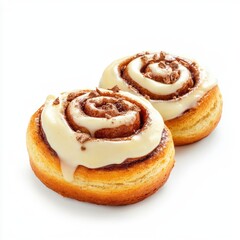 Sweet cinnamon rolls with cream cheese frosting isolated on white