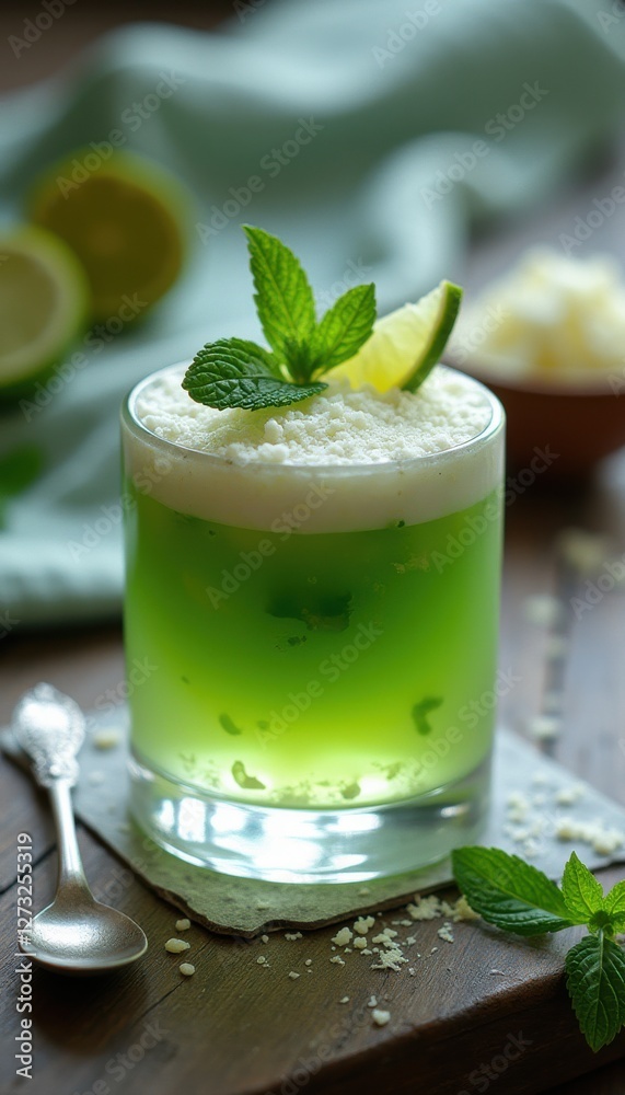 Poster refreshing mojito inspired dessert with layers of green and white topped with mint