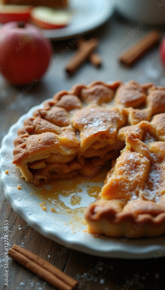 Poster perfectly baked apple pie with flaky crust and delicious layers, served with apples and cinnamon sti