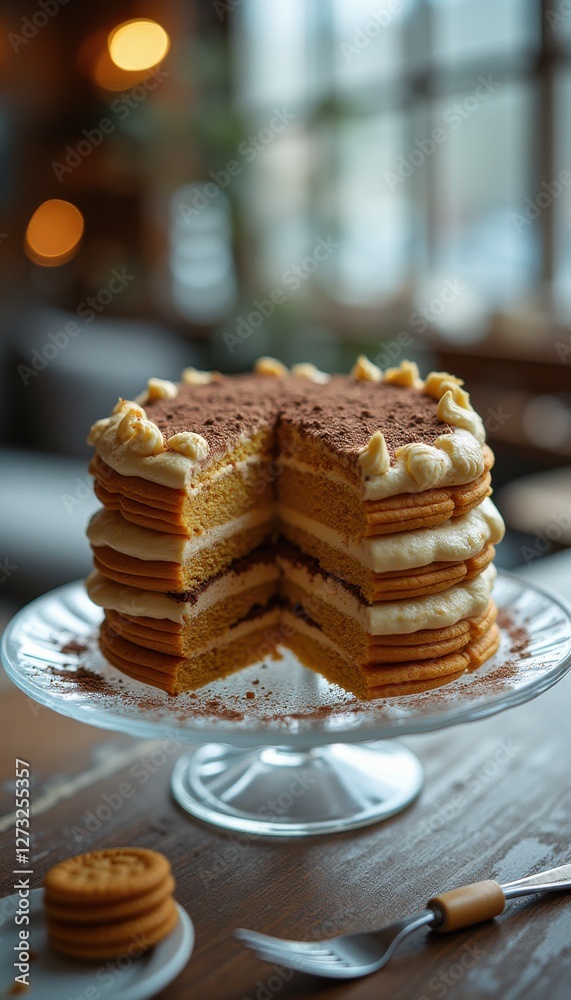 Aufkleber Layered cake with delicate frosting and cookie layers in a cozy cafe setting