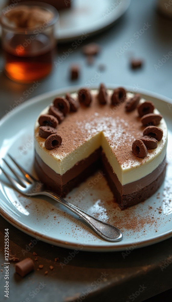 Poster Luxurious mousse cake presented on a white plate with chocolate curls and powdered sugar in a cozy dining setting