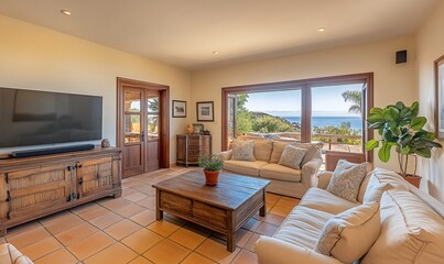 Luxurious living room with ocean view, featuring comfortable sofas, wooden furniture, and a large TV.