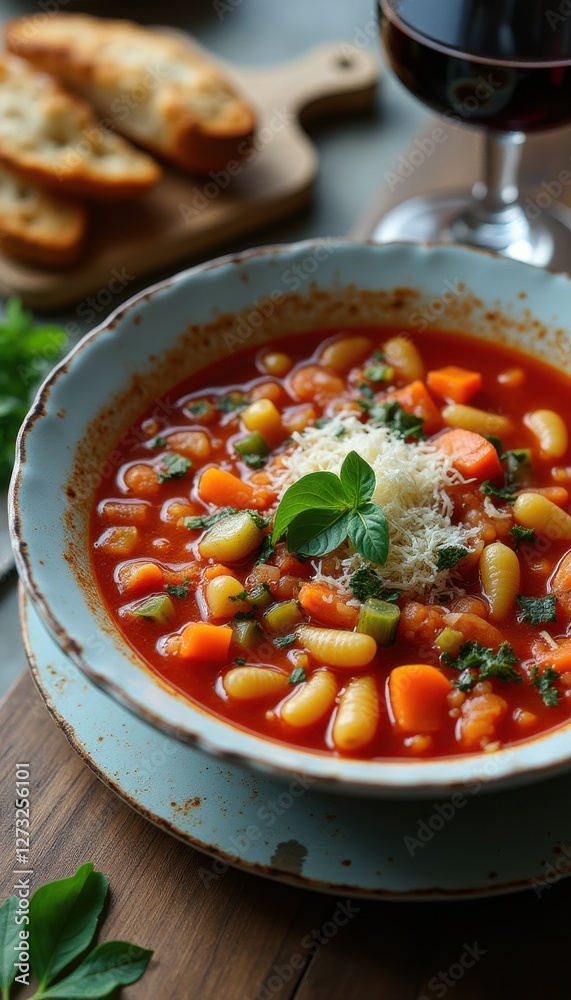 Poster delicious and colorful vegetable soup served in a rustic bowl with fresh herbs and grated cheese on 