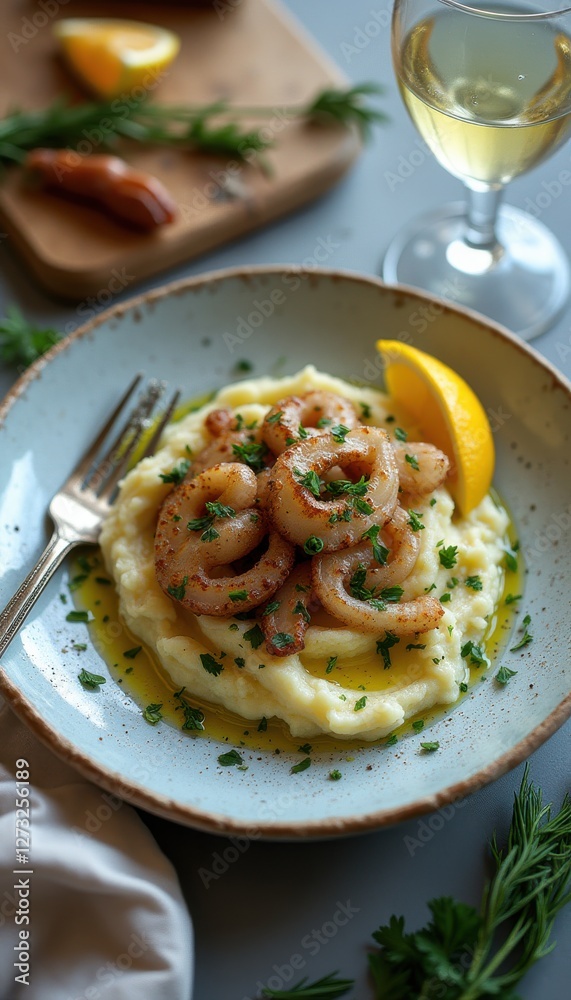 Poster Delicious shrimp served on creamy mashed potatoes with lemon and herbs in a rustic setting