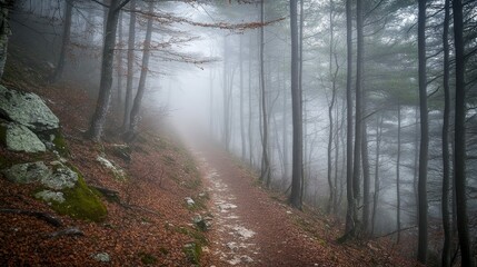 Obraz premium Serene Forest Pathway Surrounded by Misty Trees and Fallen Leaves in Autumn