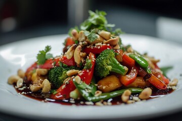 Delicious stir-fry with colorful vegetables, peanuts, and a savory sauce, served on a white plate.