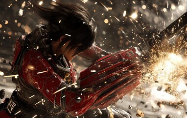 A warrior in red futuristic armor blocks an attack with a large gauntlet, causing sparks and debris to fly in an intense battle scene.