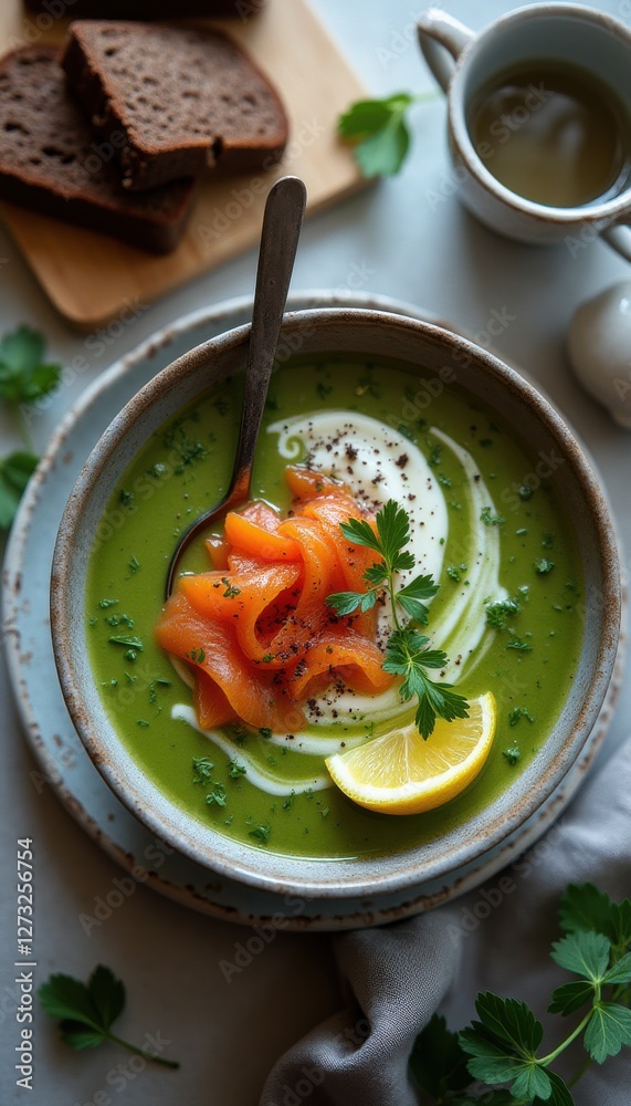Poster fresh green soup topped with smoked salmon, lemon, and herbs in a rustic bowl on a textured table se