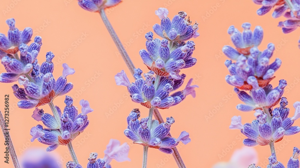 Wall mural Close-up of vibrant purple lavender flowers against a soft peach background.