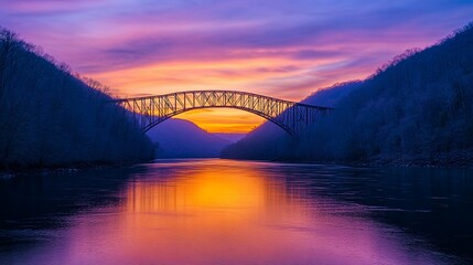 Obraz premium Vibrant sunset colors reflecting on calm river water beneath a steel arch bridge in a mountainous landscape.