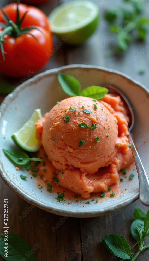 Poster delightful scoop of tomato ice presented with lime and fresh herbs on a rustic wooden table