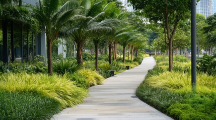 Obraz premium Lush Green Pathway Surrounded by Vibrant Foliage and Towering Palm Trees in Urban Park