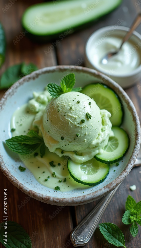Aufkleber Delightful cucumber ice cream served in a rustic bowl with fresh mint and cucumber slices for a refreshing treat