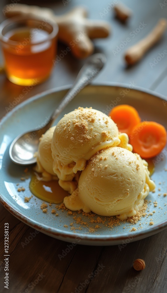 Poster delightful scoop of ginger ice with a refreshing garnish served on a rustic blue plate