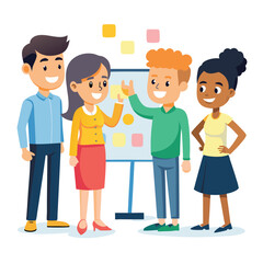 Business Workshop Concept. Vector cartoon illustration of a close-up group of diverse people standing near a board with sticky notes and discussing an idea. Isolated