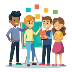 Business Workshop Concept. Vector cartoon illustration of a close-up group of diverse people standing near a board with sticky notes and discussing an idea. Isolated