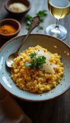 Delicious fusion risotto served with cheese and herbs at an elegant dining table