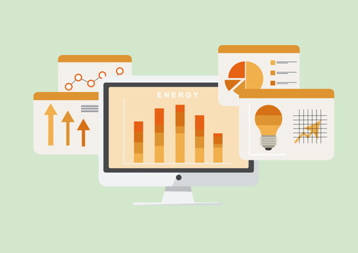 Energy Data Analytics Dashboard with Business Metrics. energy consumption data displayed on computer with charts, graphs, and performance indicators for business intelligence. Vector illustration