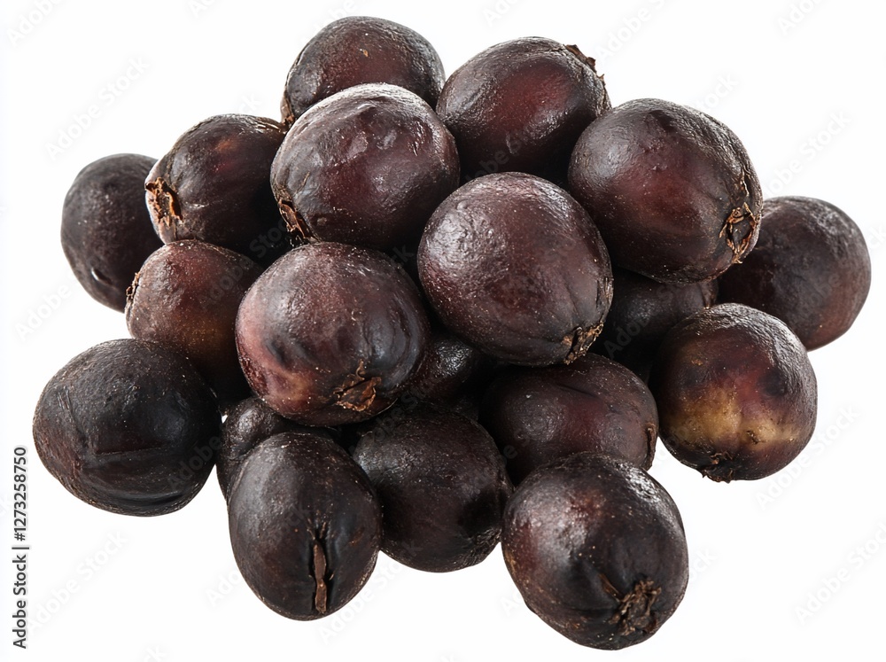 Wall mural Close-up of a pile of dark brown coffee beans, isolated on white background.