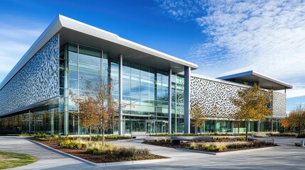 A commercial plaza featuring an aluminum facade with dynamic cut-out patterns for shade