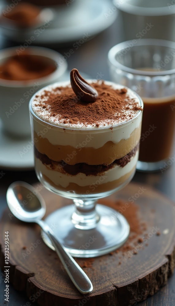 Aufkleber elegant layered tiramisu with cocoa dust and coffee served in a glass on a rustic wooden surface