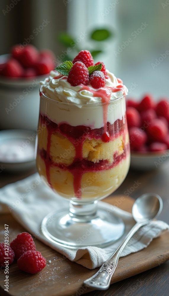 Aufkleber elegantly layered trifle with fresh raspberries and whipped cream displayed on a rustic wooden table